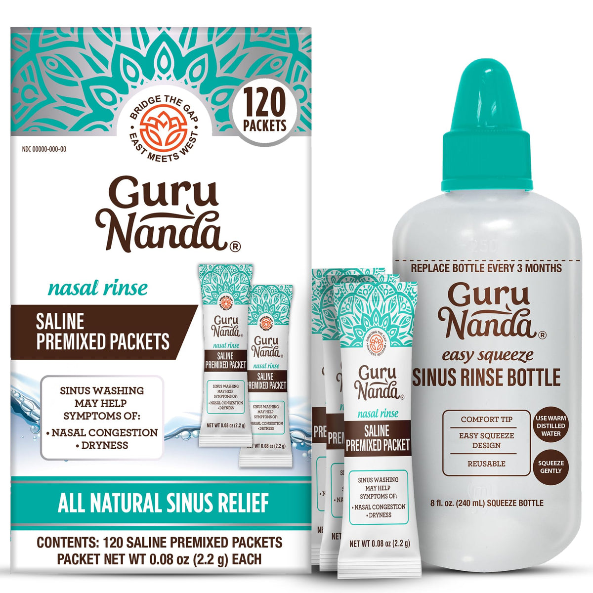 GuruNanda Bouteille Rinage Sinus, usage facile pour un nez plus clair au quotidien.
