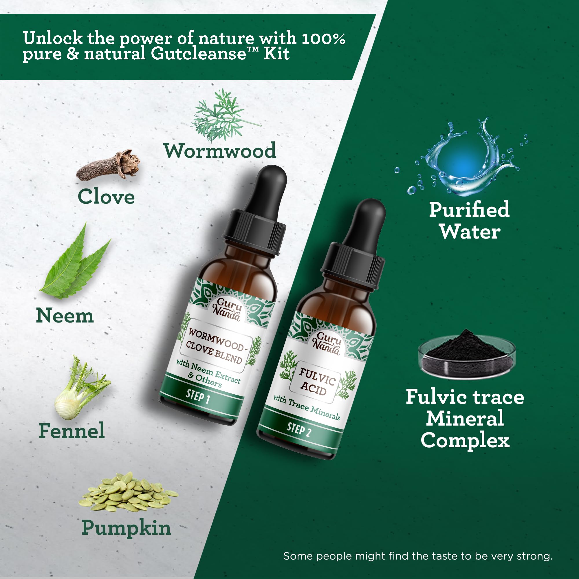 GuruNanda Gutcleanse kit – ingrédients clés visibles dans la formule.