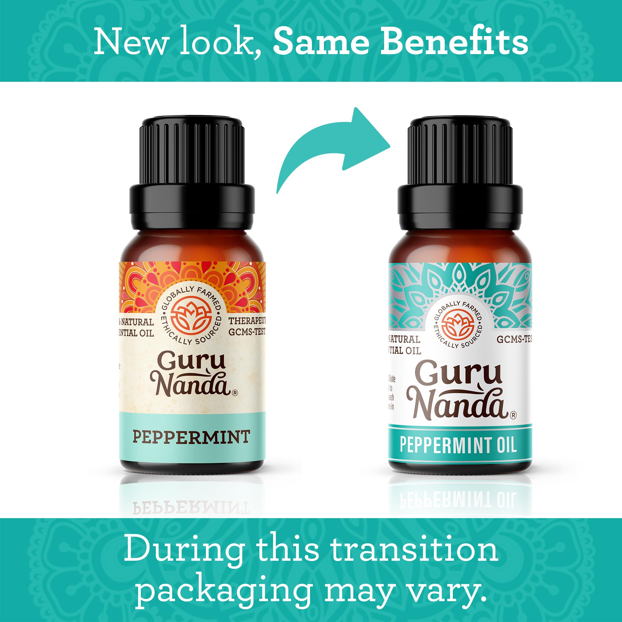 Etiquette GuruNanda menthe pure, sans additifs, pureté garantie et simplicité d'utilisation