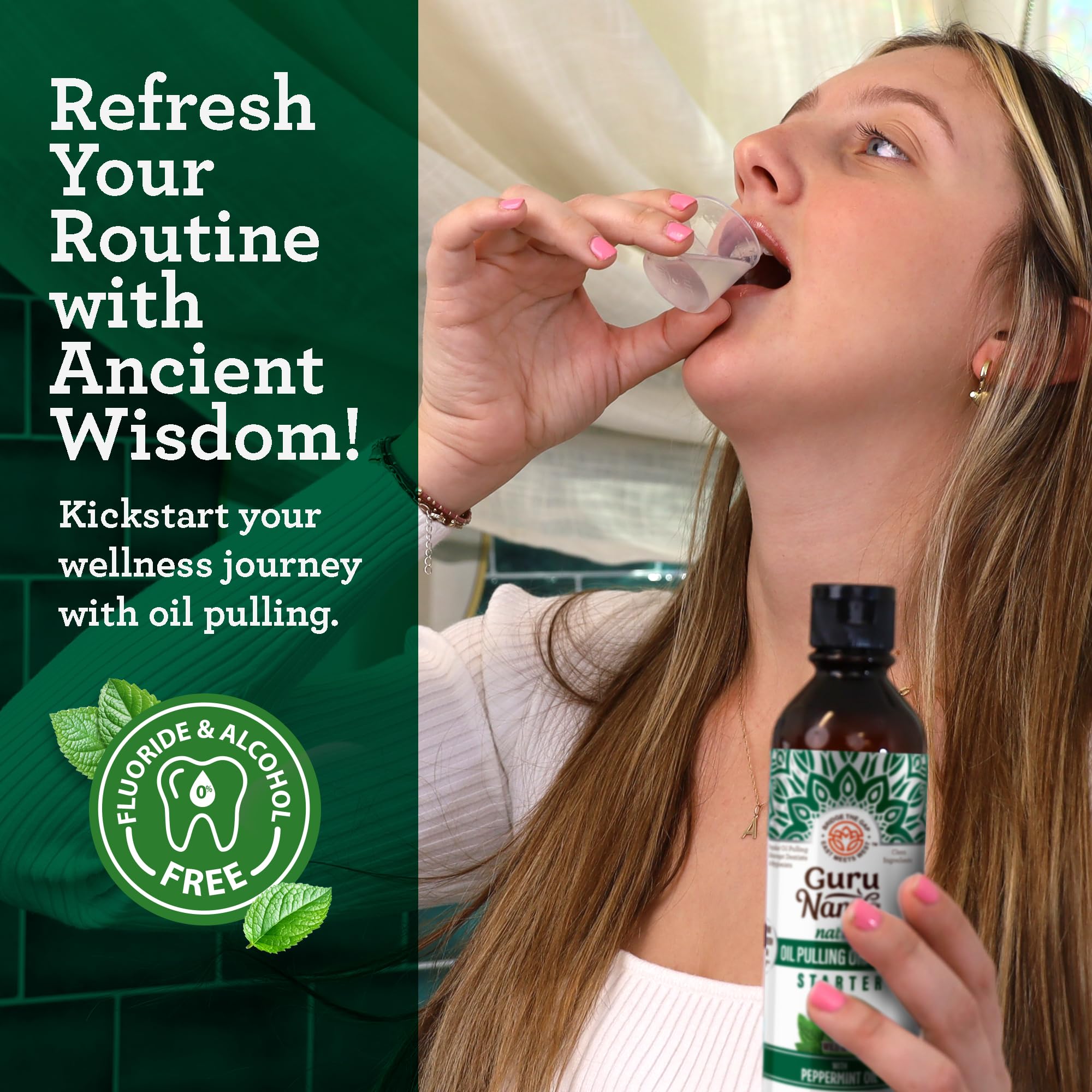 GuruNanda huile-pulling-menthe-bouteille-ouverte - texture naturelle et aroma menthe