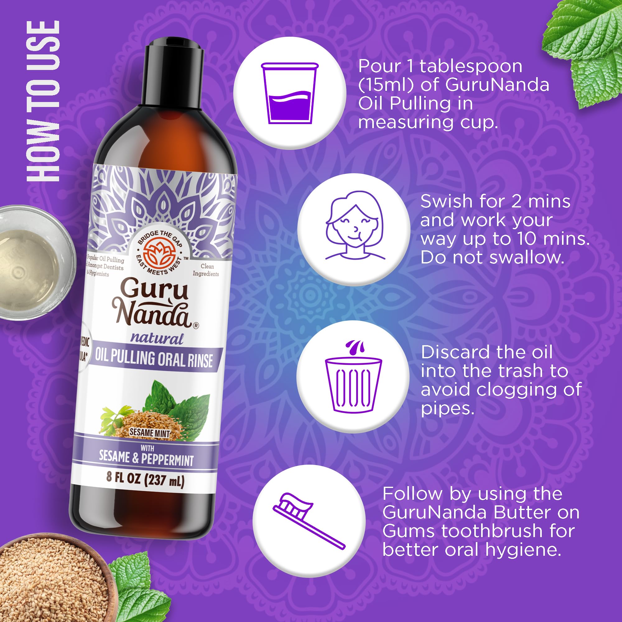 GuruNanda huile pulling sesame menthe – arôme frais qui apaise et rafraîchit.