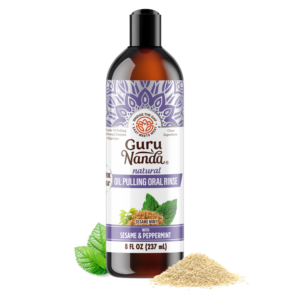 GuruNanda huile pulling sesame menthe – bouteille visible haleine fraîche après utilisation.