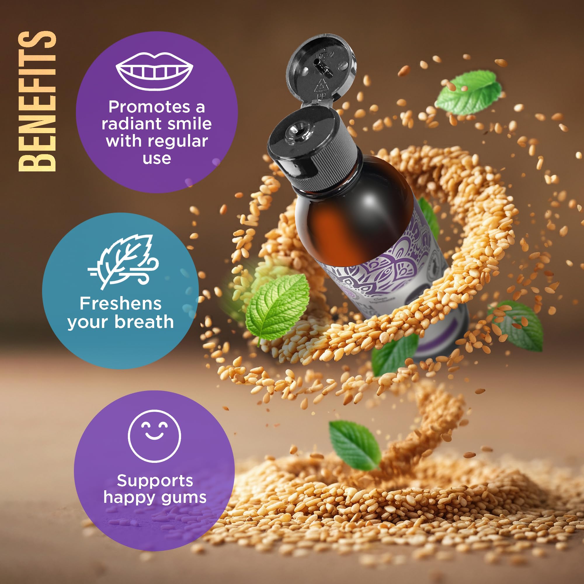 GuruNanda huile pulling sesame menthe – dents propres et sensation de propreté durable.