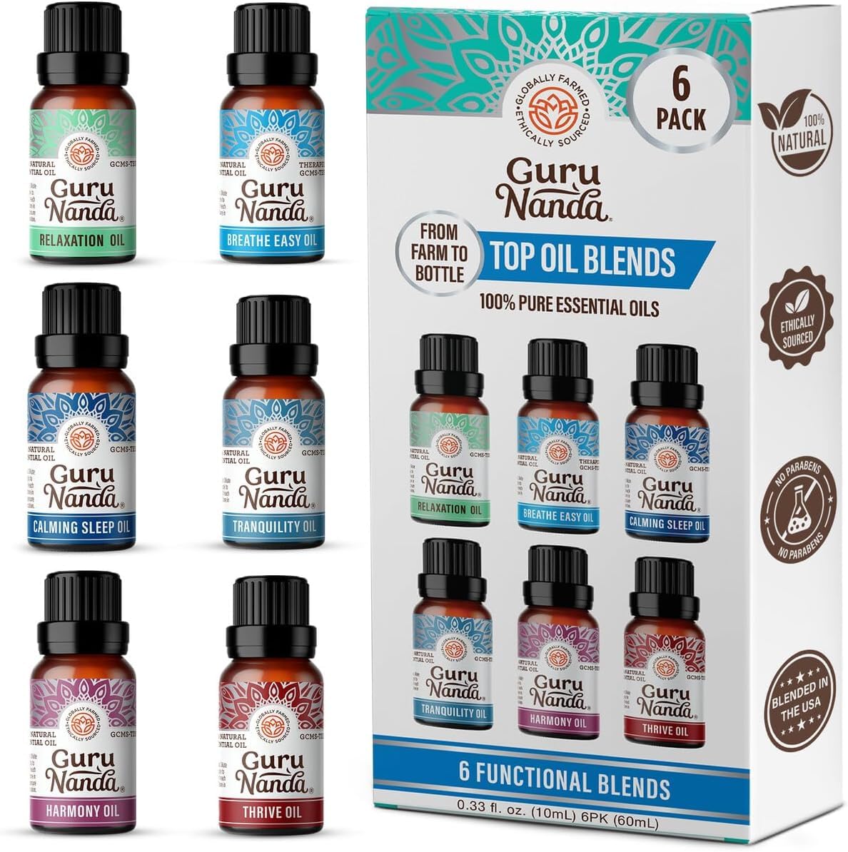 Gurunanda ensemble de six huiles essentielles en flacons ambre pour diffusion apaisante