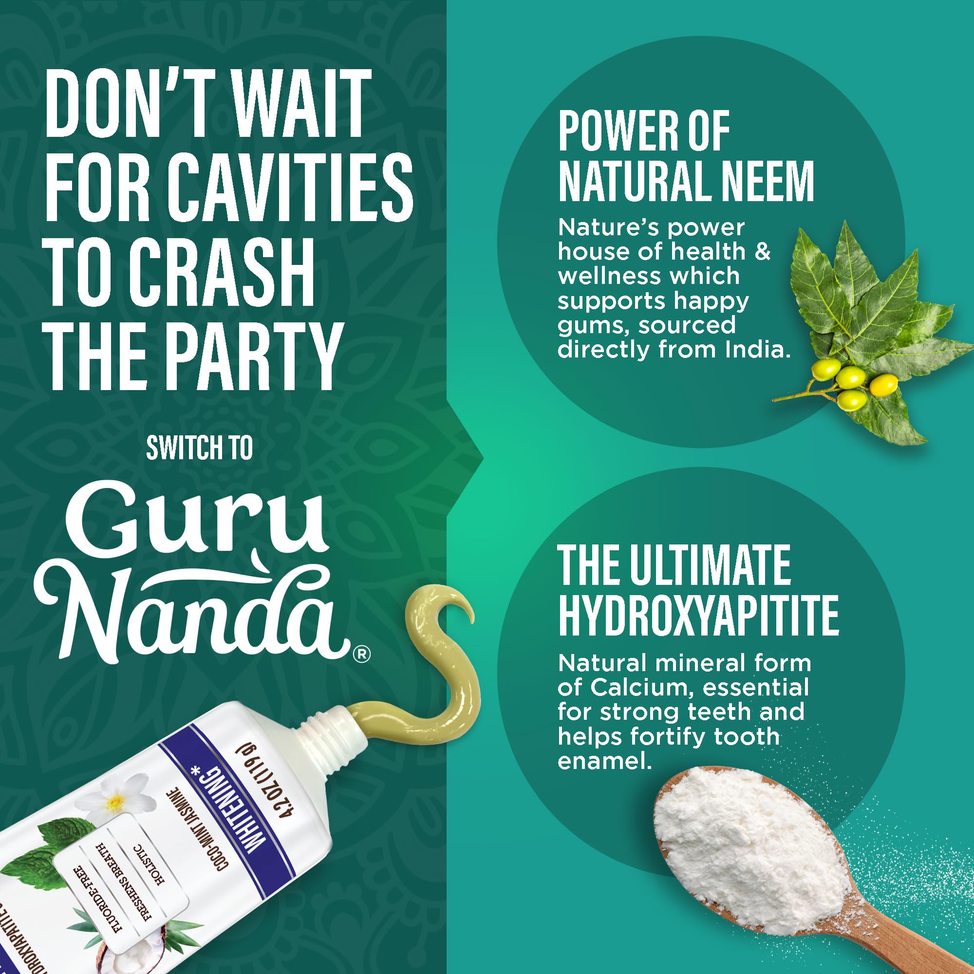 Pâte blanchissante GuruNanda Hydroxyapatite – soin doux pour dents sensibles.