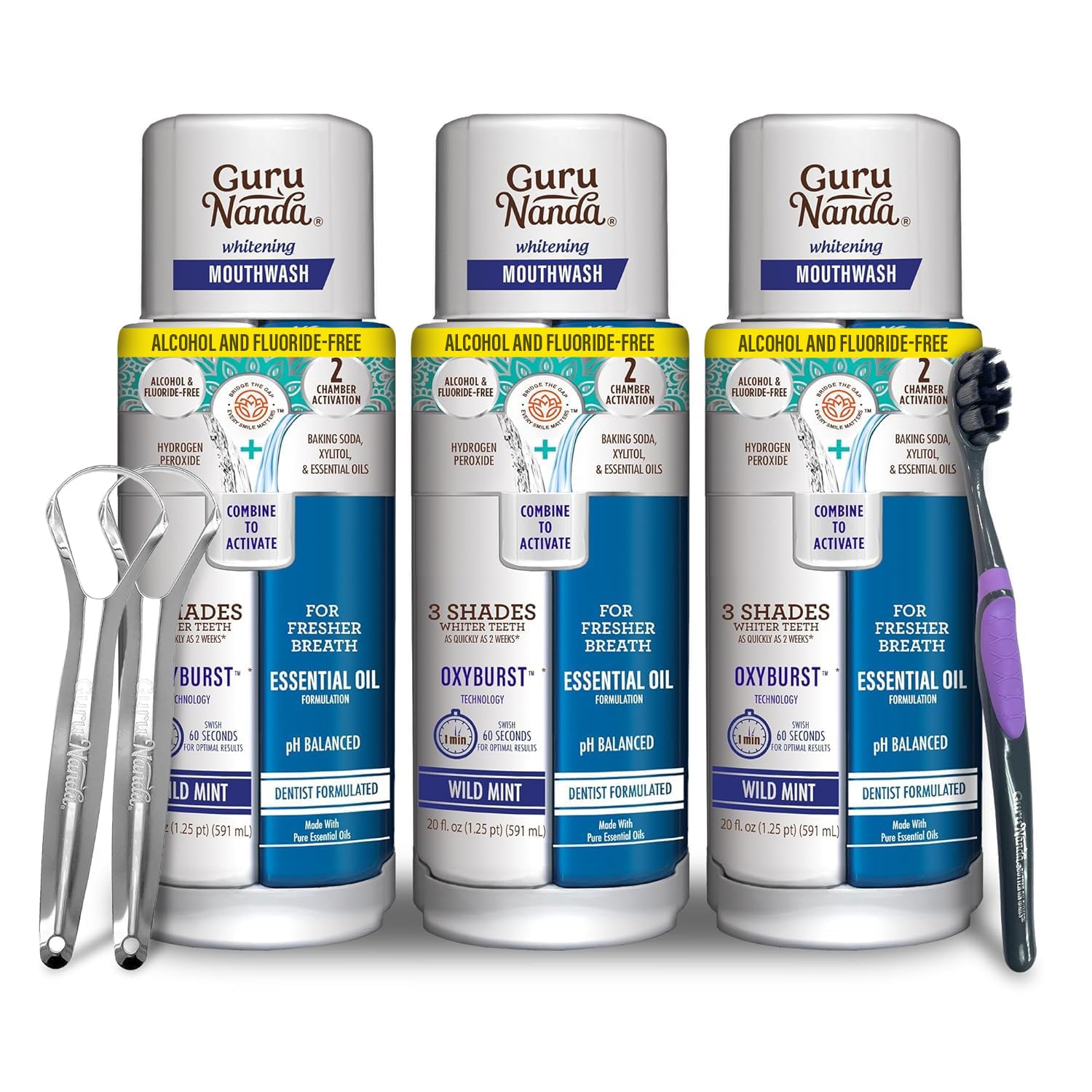 GuruNanda Oxyburst bain de bouche double-chambre pour haleine fraîche durable.