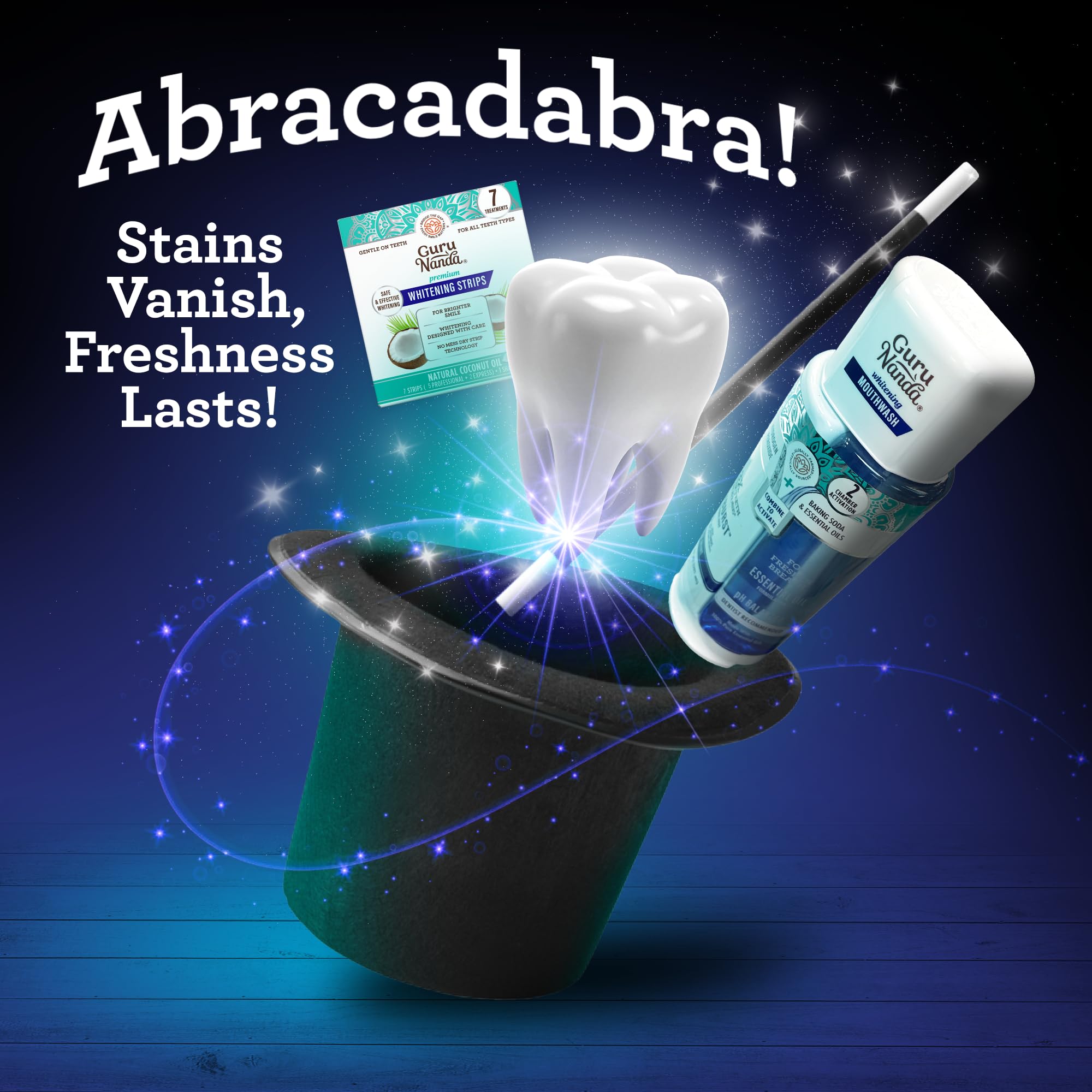 GuruNanda Whitening Wonder Duo – bandes blanchiment dentaires prêtes à l'emploi.