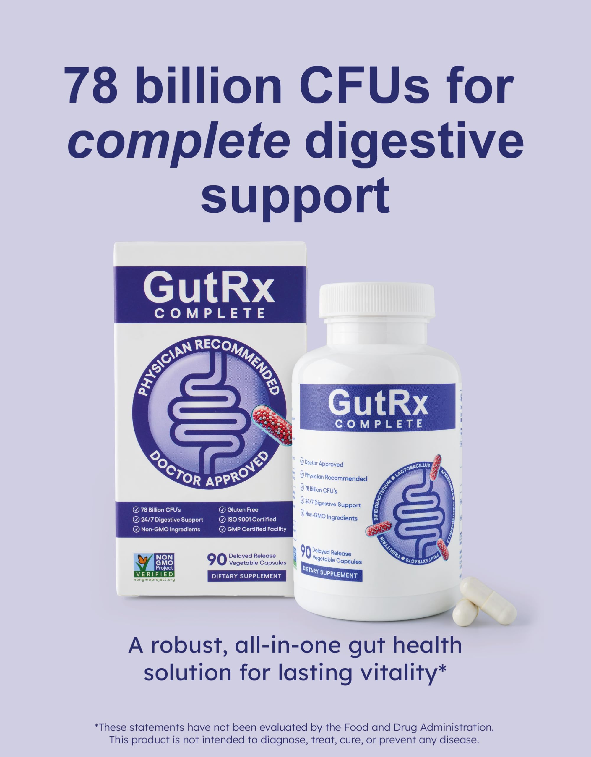 Capsules entériques GutRx Complete protégeant les probiotiques lors de la digestion.