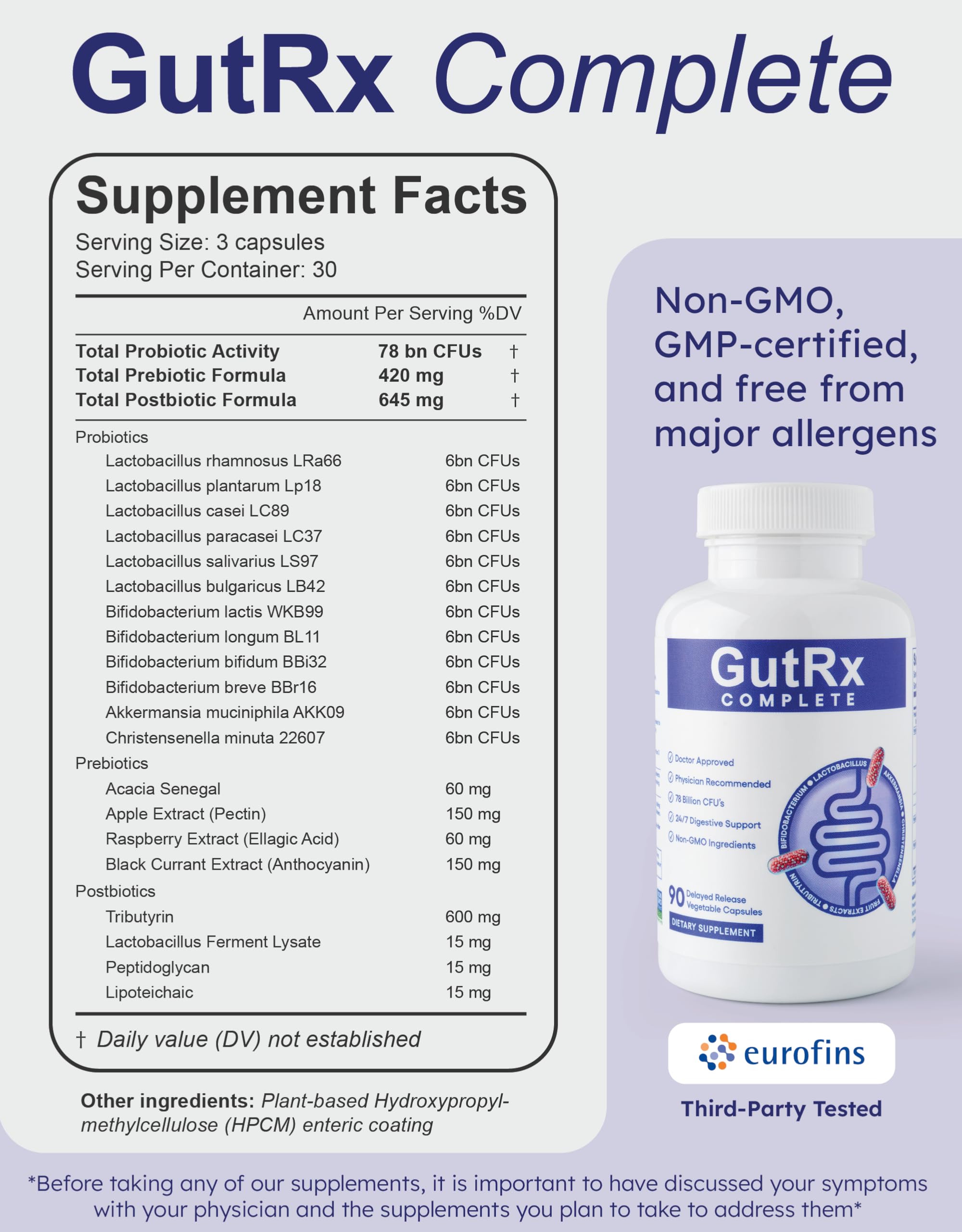 Boîte GutRx Complete 90 gélules sans gluten ni produits laitiers ni soja.