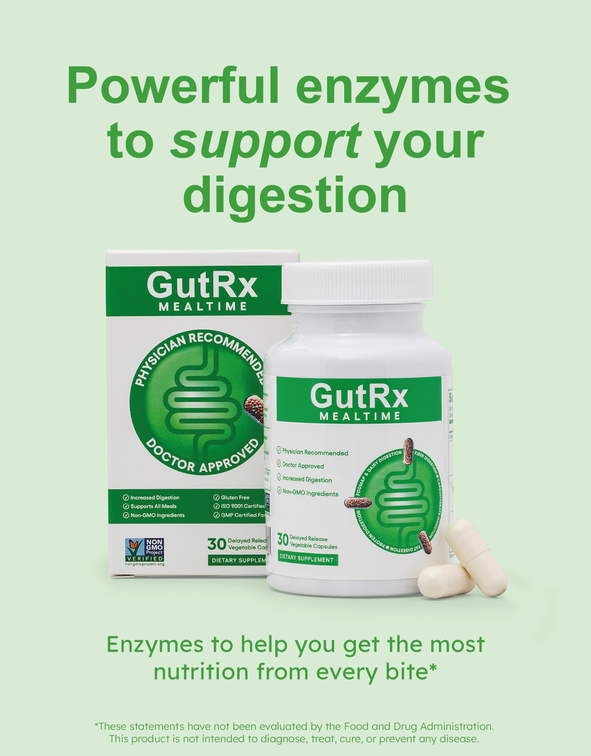 GutRx Mealtime : étiquette recto montrant les enzymes pour une digestion ciblée.