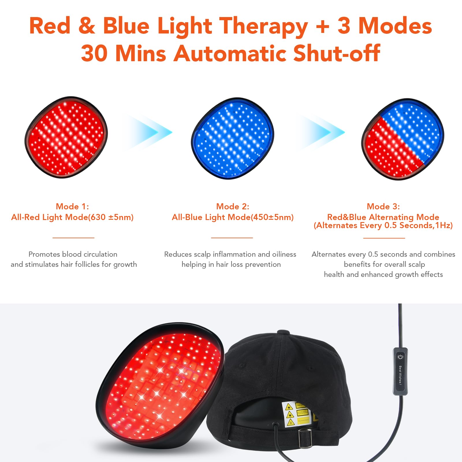 GWODE casquette lumière bleue 430nm pour cuir chevelu délicat