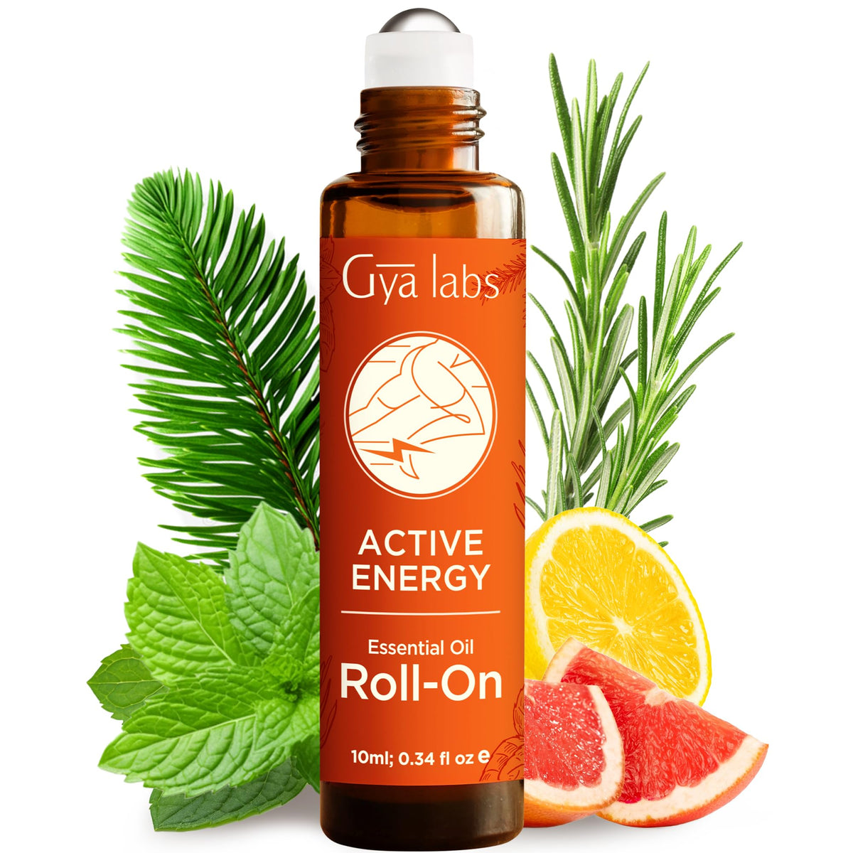 Gya Labs Active Energy Roll-On, bouteille ambrée idéale pour revitalisation rapide en voyage.