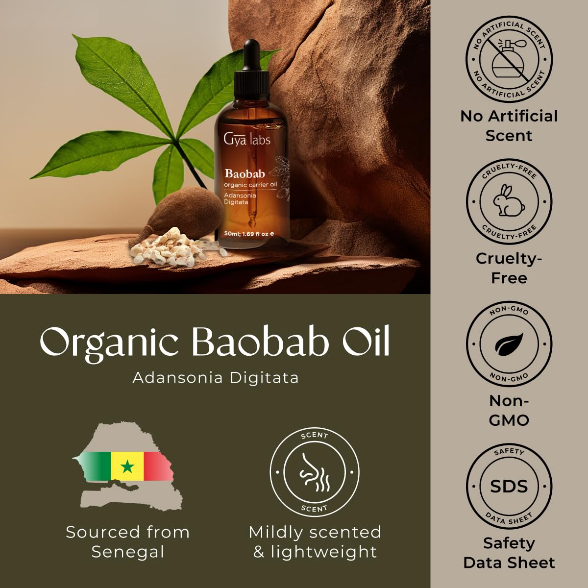 Gya Labs Huile de Baobab — idéale pour mélanges avec huiles essentielles.