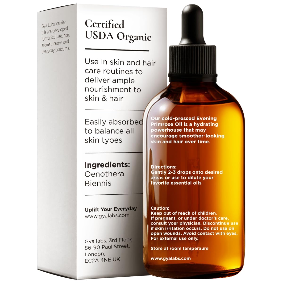 Gya Labs huile d'onagre, goutte sur peau, absorption rapide et nourrissante.