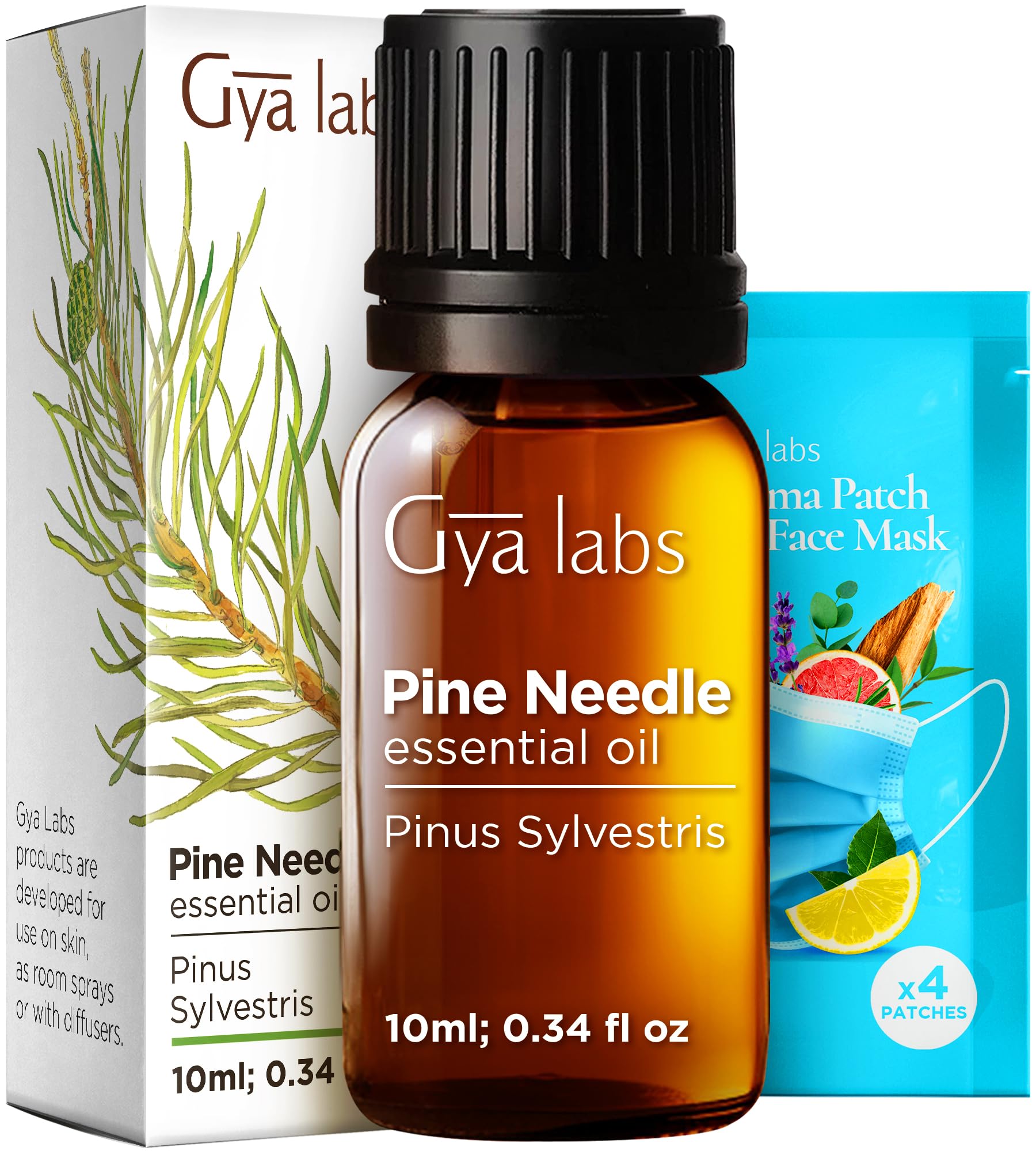 Gya Labs huile essentielle de pin en bouteille, diffusion et ambiance relaxante.