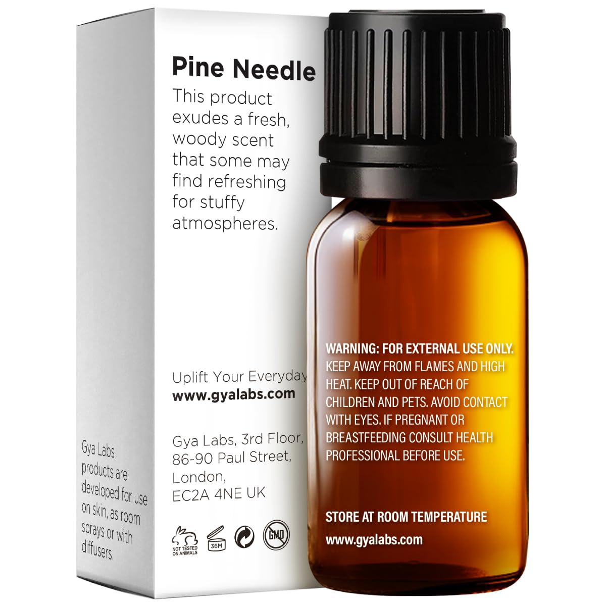 Gya Labs huile essentielle de pin dans diffuseur, parfum boisé rafraîchissant.