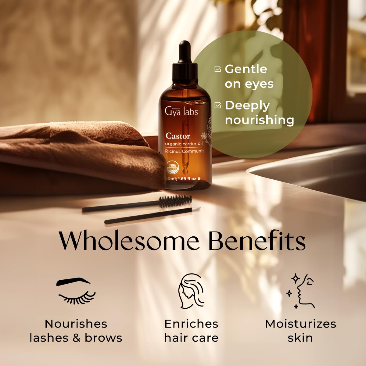 Huile de ricin Gya Labs – base pour massages corporels quotidiens.
