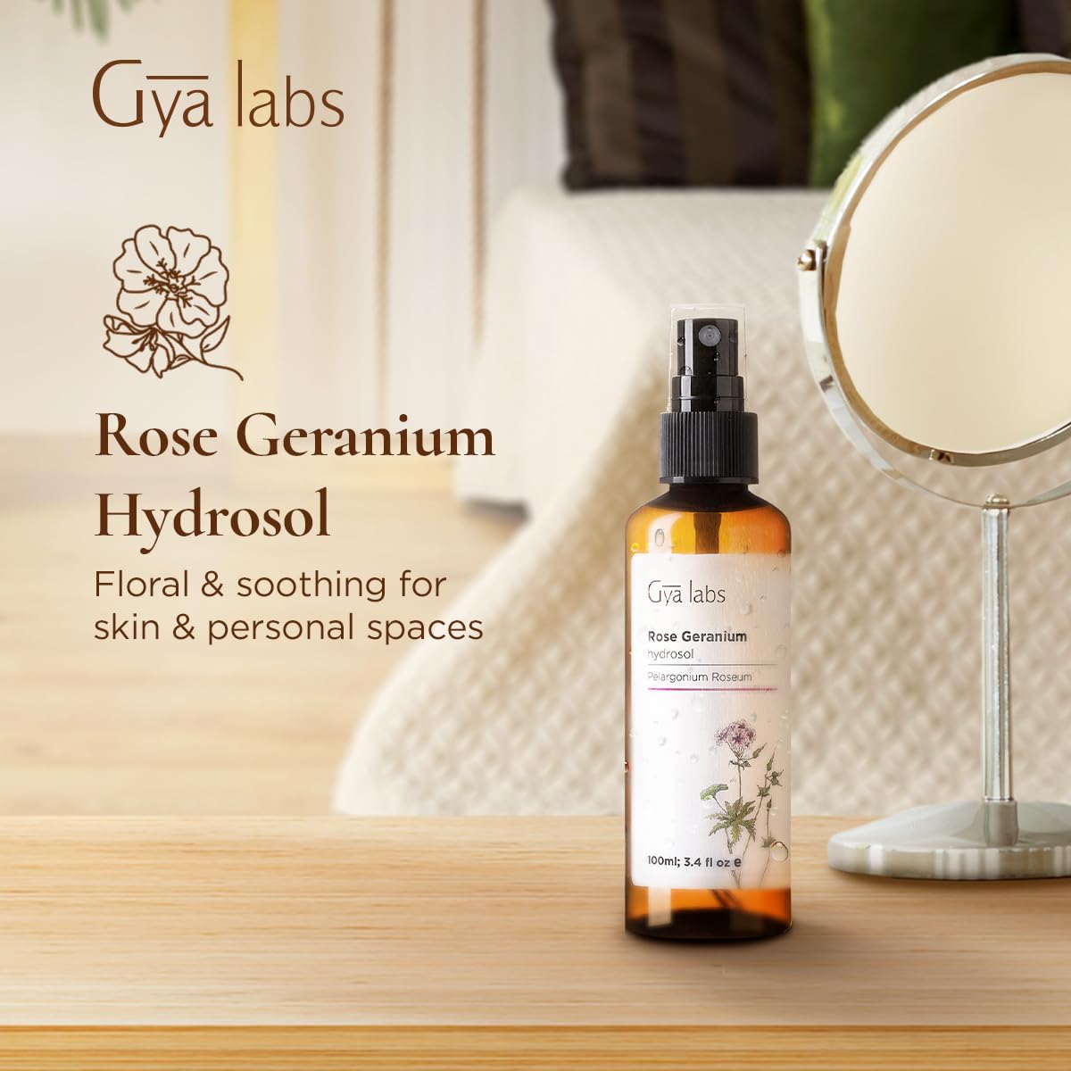 Hydrolat Géranium Rosat Gya Labs, brume cheveux parfum frais