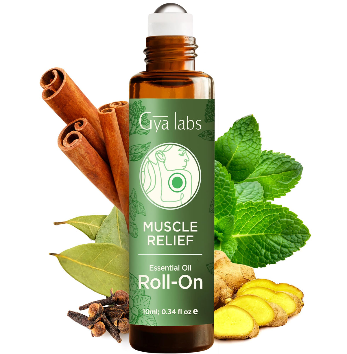 Gya Labs Muscle Relief Roll-On, bouteille ambrée prête à apaiser les muscles après l’effort.