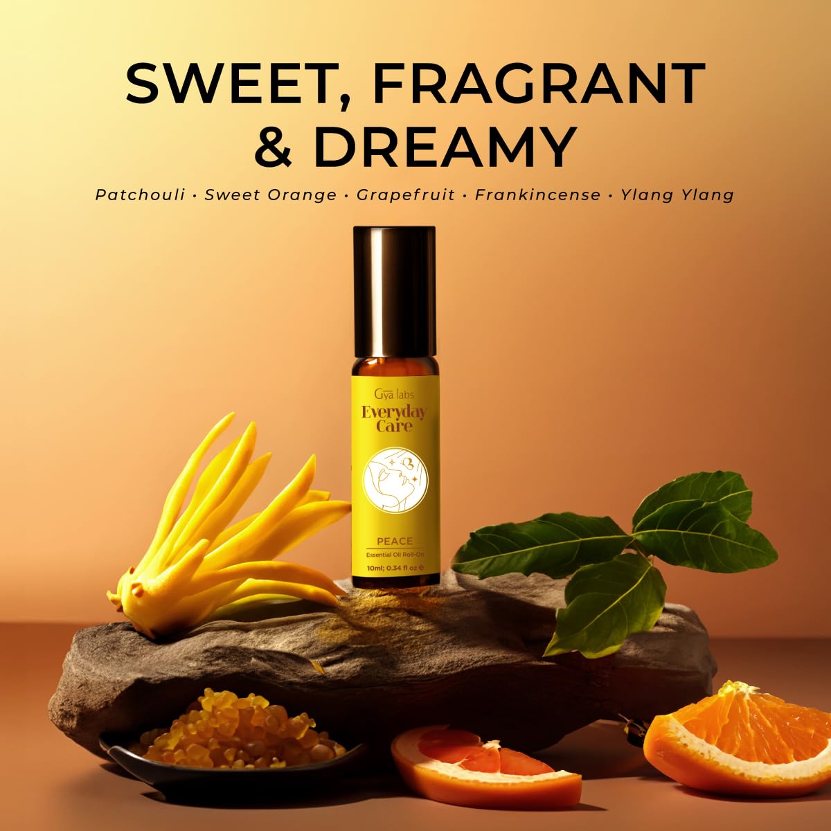 Gya Labs Peace Roll-On avec patchouli: diffusion douce et riche en notes boisées.