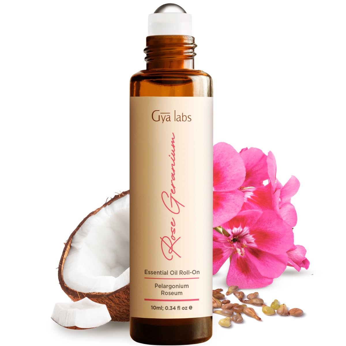 Gya Labs Rose Geranium Roll-On : bouteille ambrée prête pour une utilisation quotidienne apaisante.