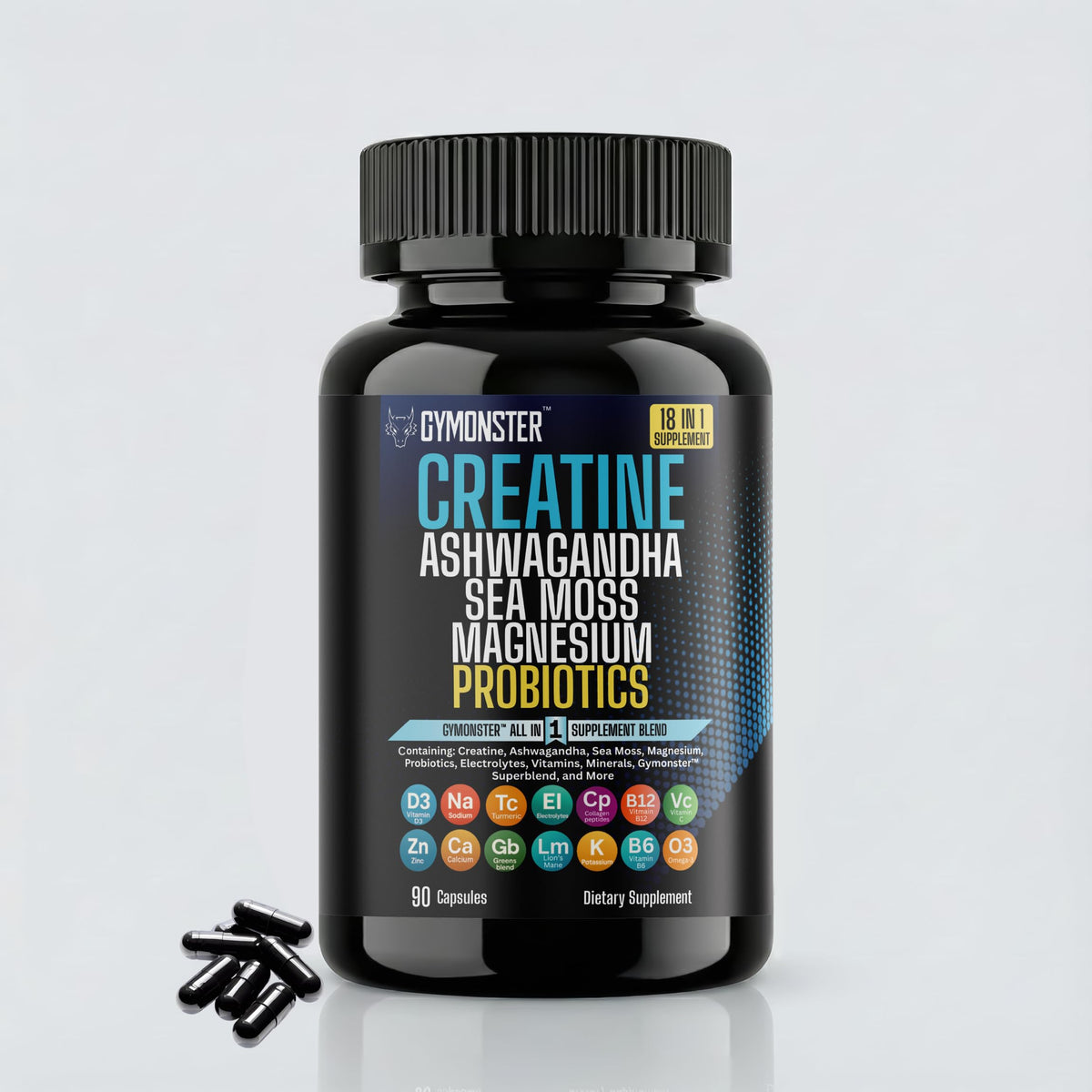 Gymonster Creatine Tout-en-Un, bouteille de gelules pratique pour une routine simplifiee