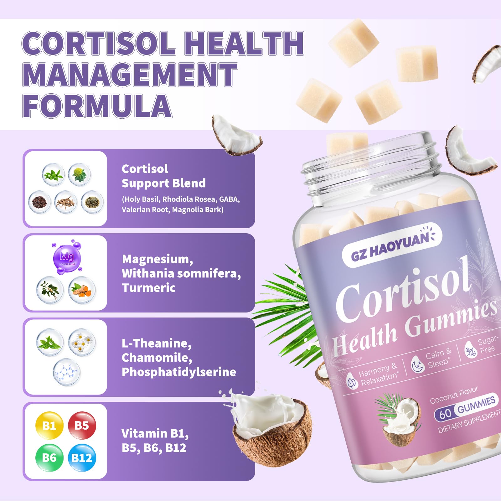 GZ HAOYUAN Gommes cortisol — emballage et étiquette, choix pratique et vegan.