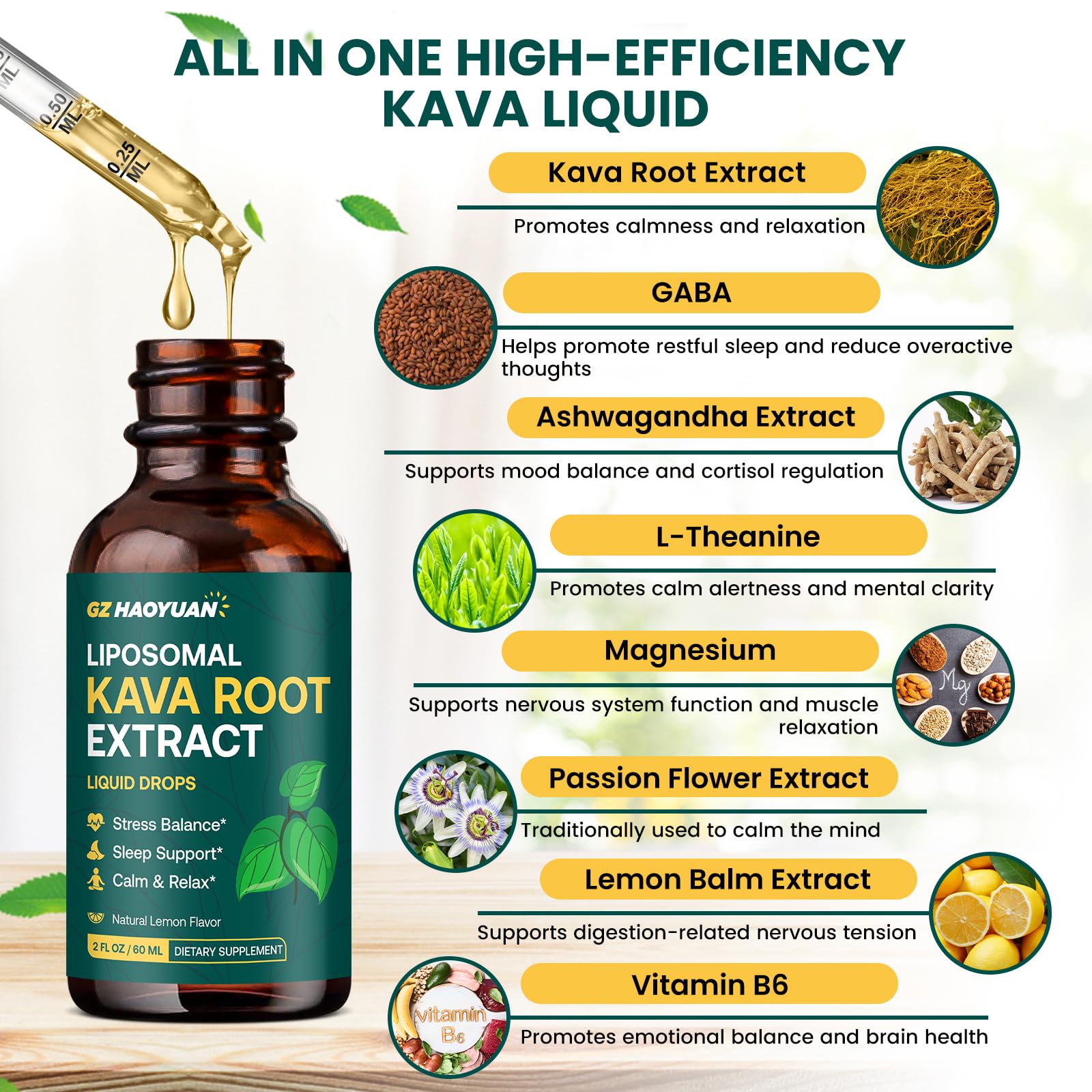 GZ HAOYUAN Kava liposomal drops – gouttes avec pipette facilitant l'ingestion.