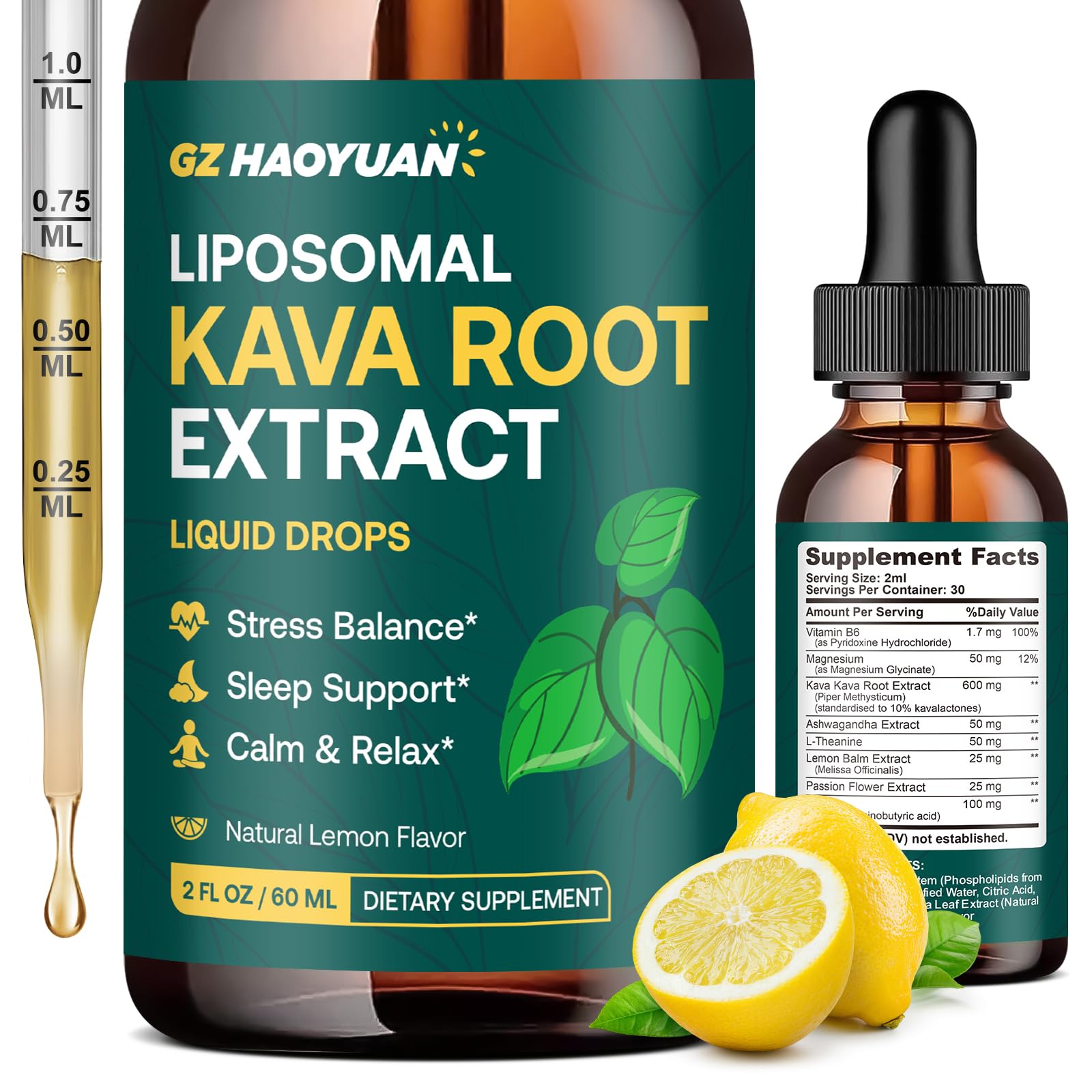 GZ HAOYUAN Kava liposomal drops – bouteille calme et bien-être potentiel.