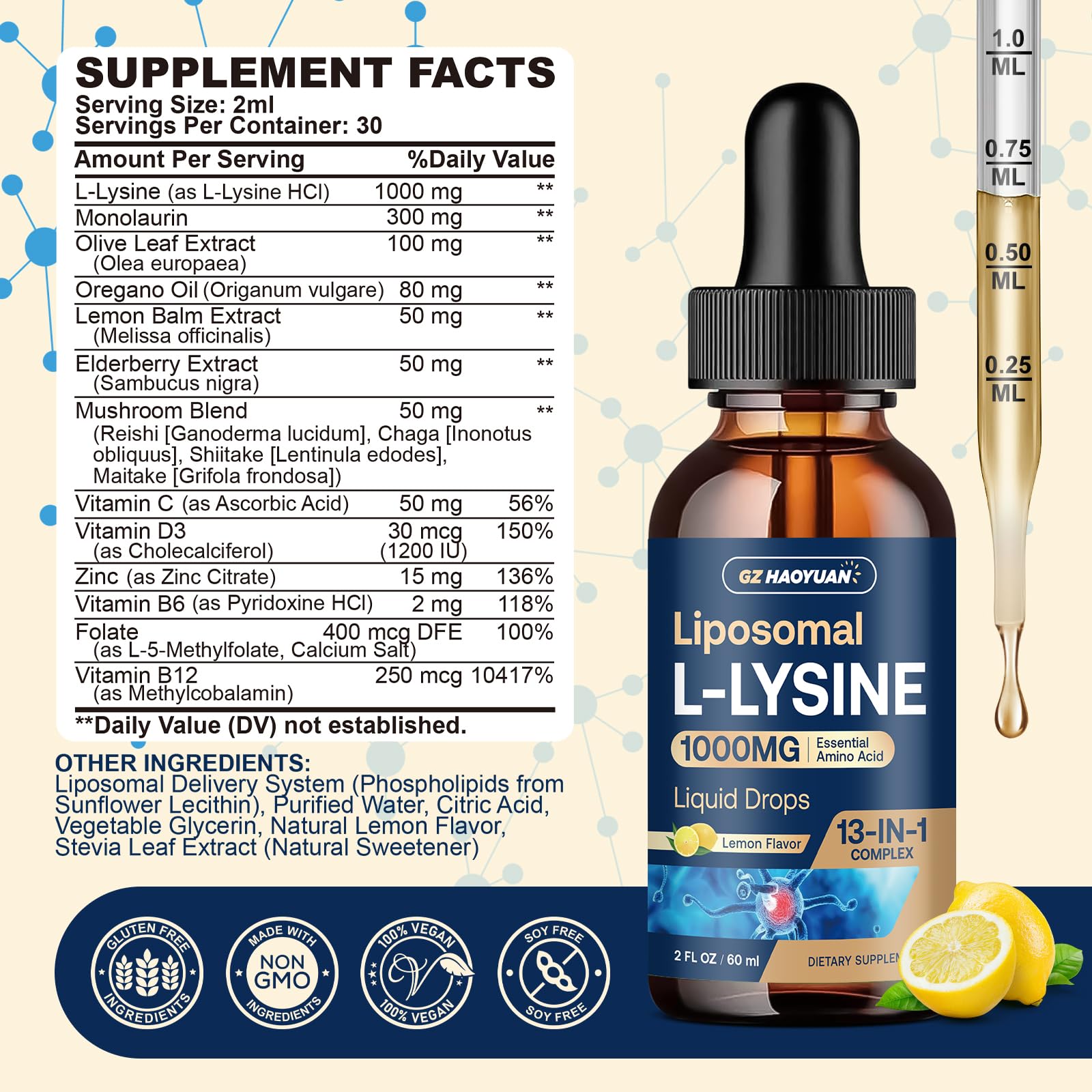 GZ HAOYUAN gouttes liposomales de lysine, dosage facile au quotidien.