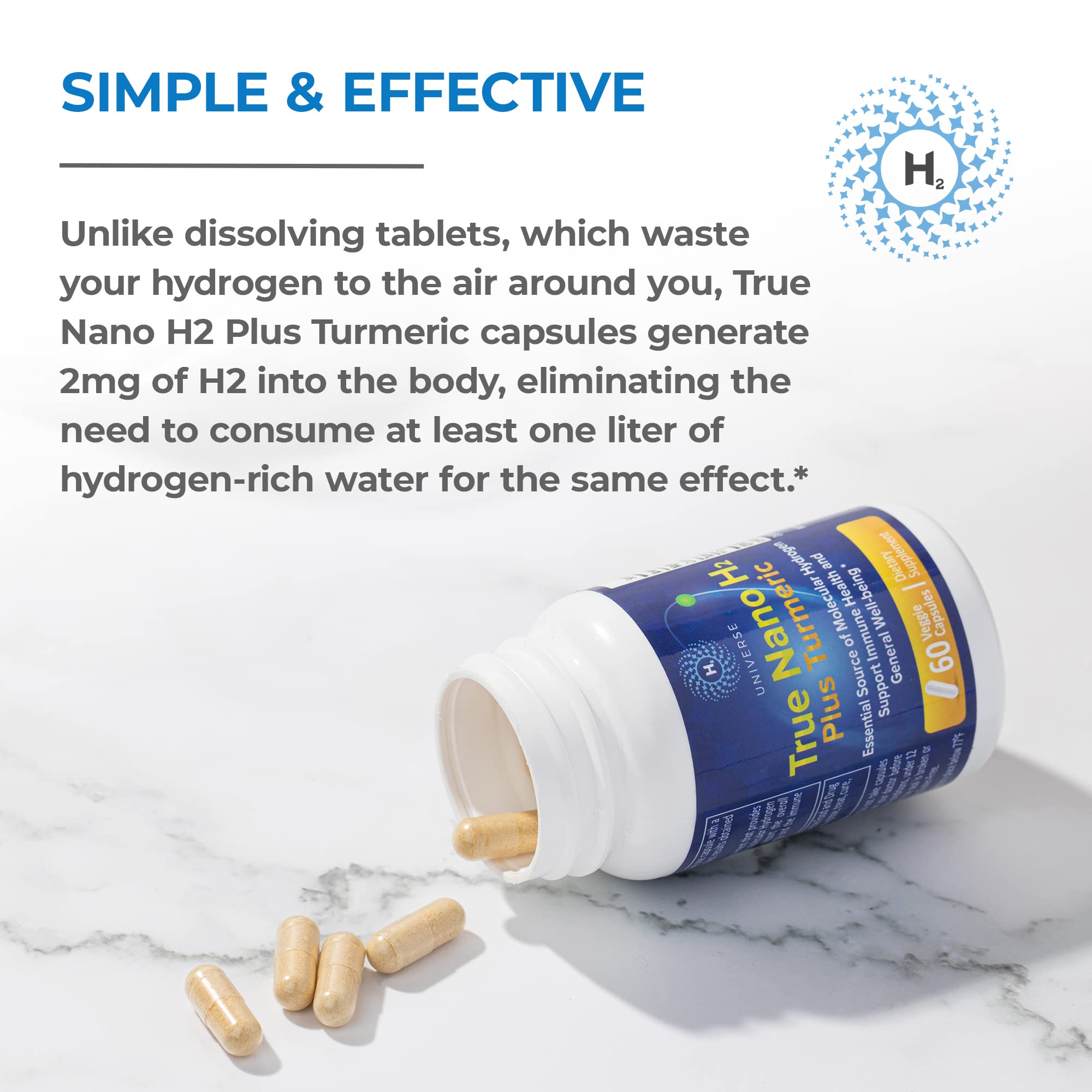 Gros plan sur la capsule, concentration en hydrogène et curcuma.