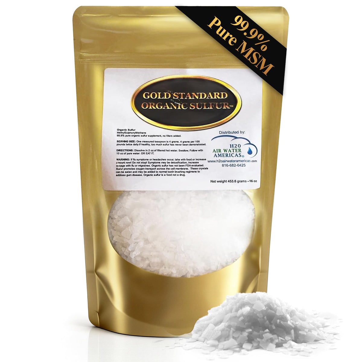 Cristaux MSM 99,9% pur de H2O Air Water Americas pour absorption potentielle.