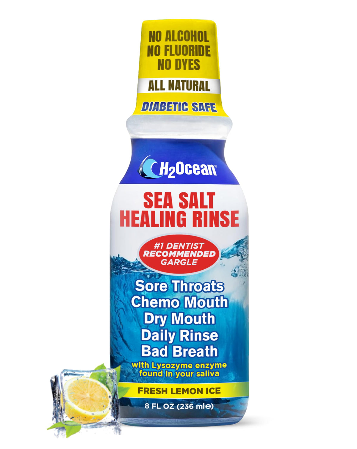 Rince-bouche H2Ocean eau saline, bouteille 8 oz pour une hygiène buccale quotidienne.