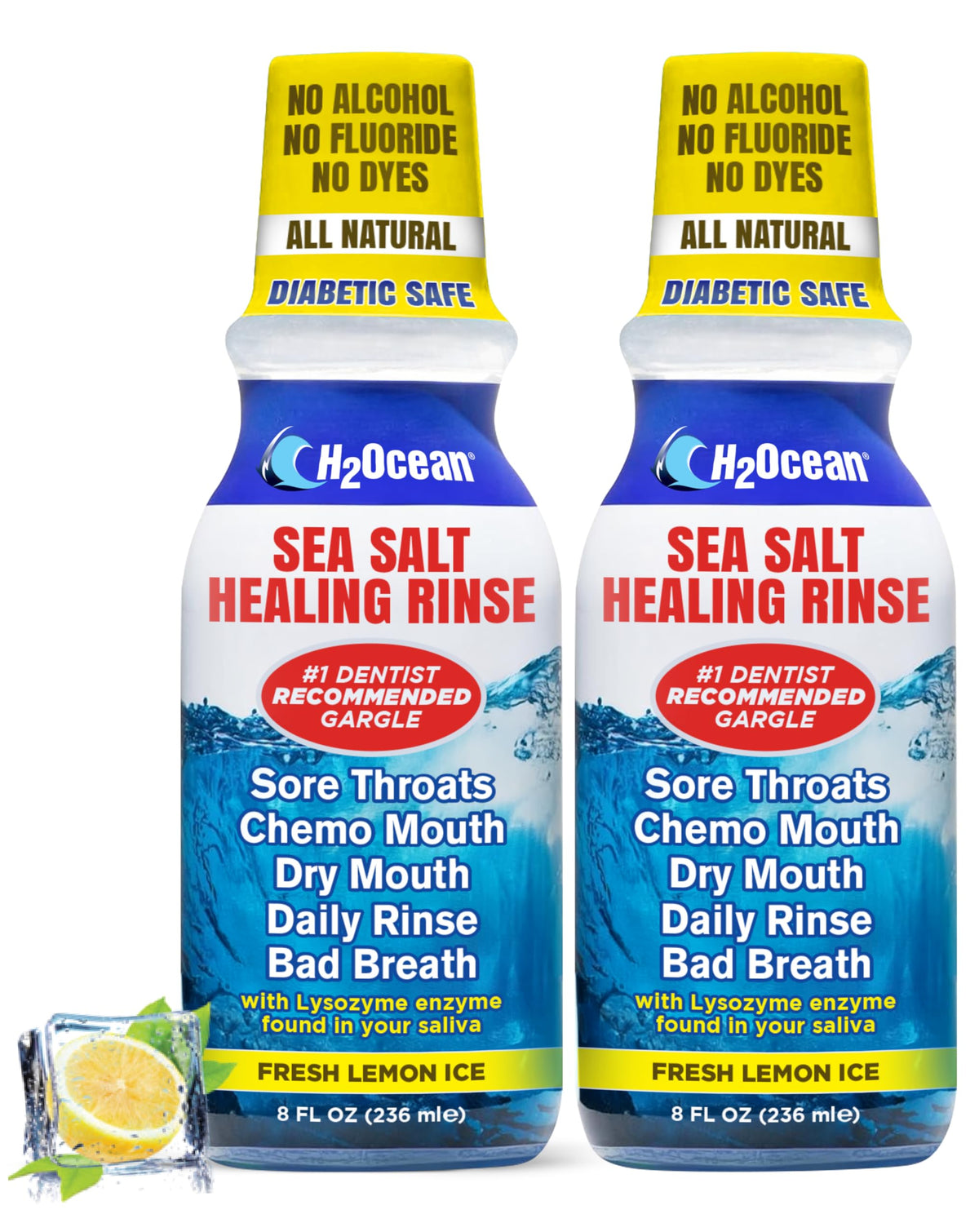 H2Ocean rince-bouche citron glacé, bouteille en gros plan, haleine fraîche garantie.