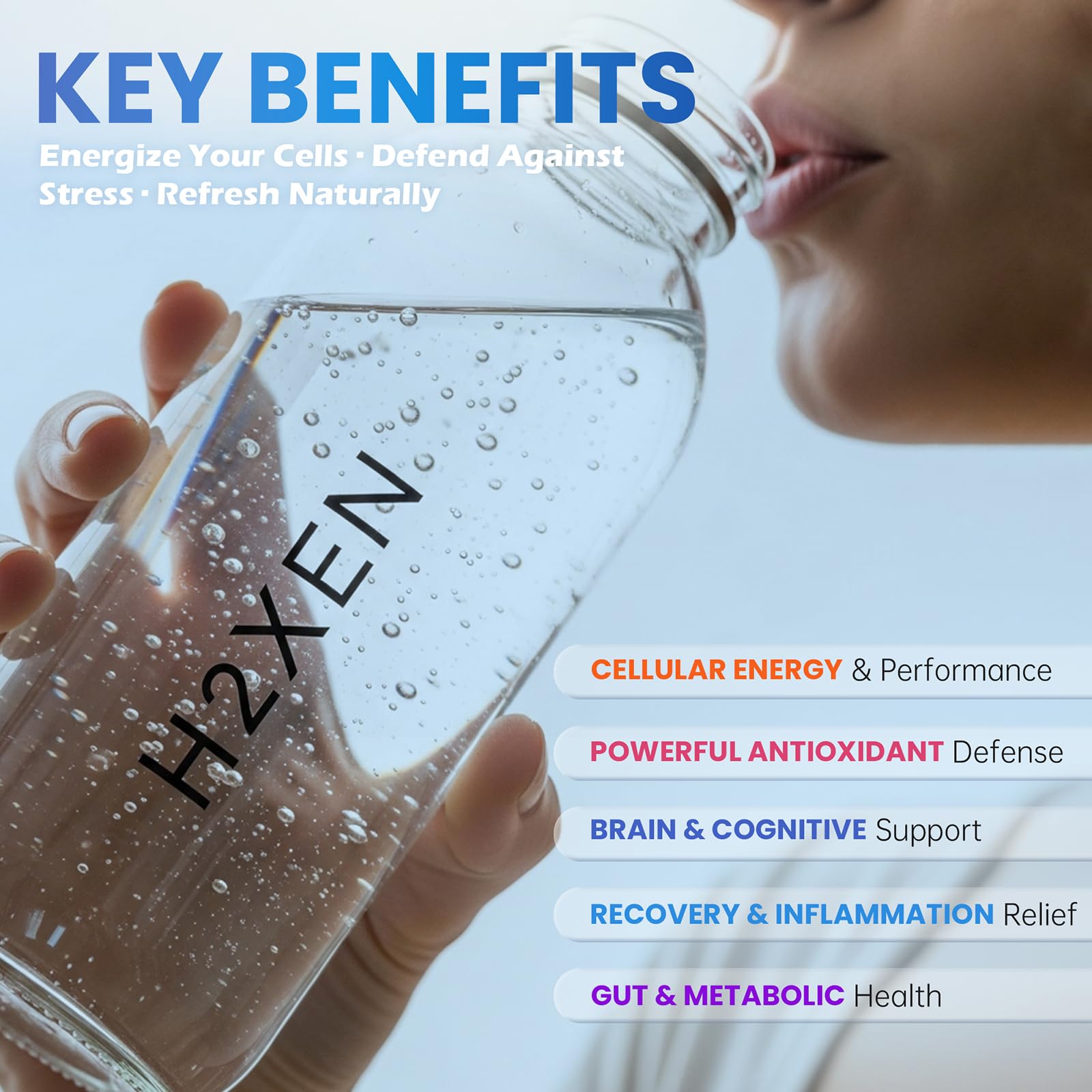 H2XEN tablettes hydrogène antioxydants - défense naturelle dans l'hydratation.