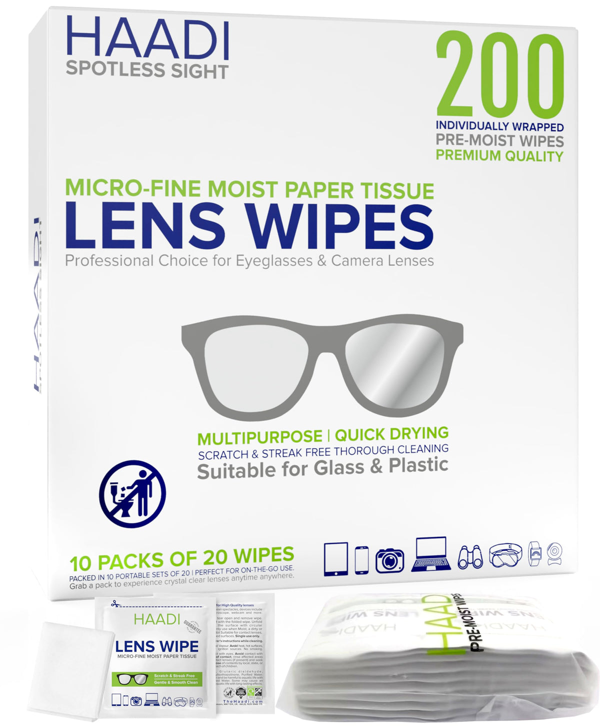 HAADI lingettes nettoyage lunettes – pratique et anti-traces en déplacement.