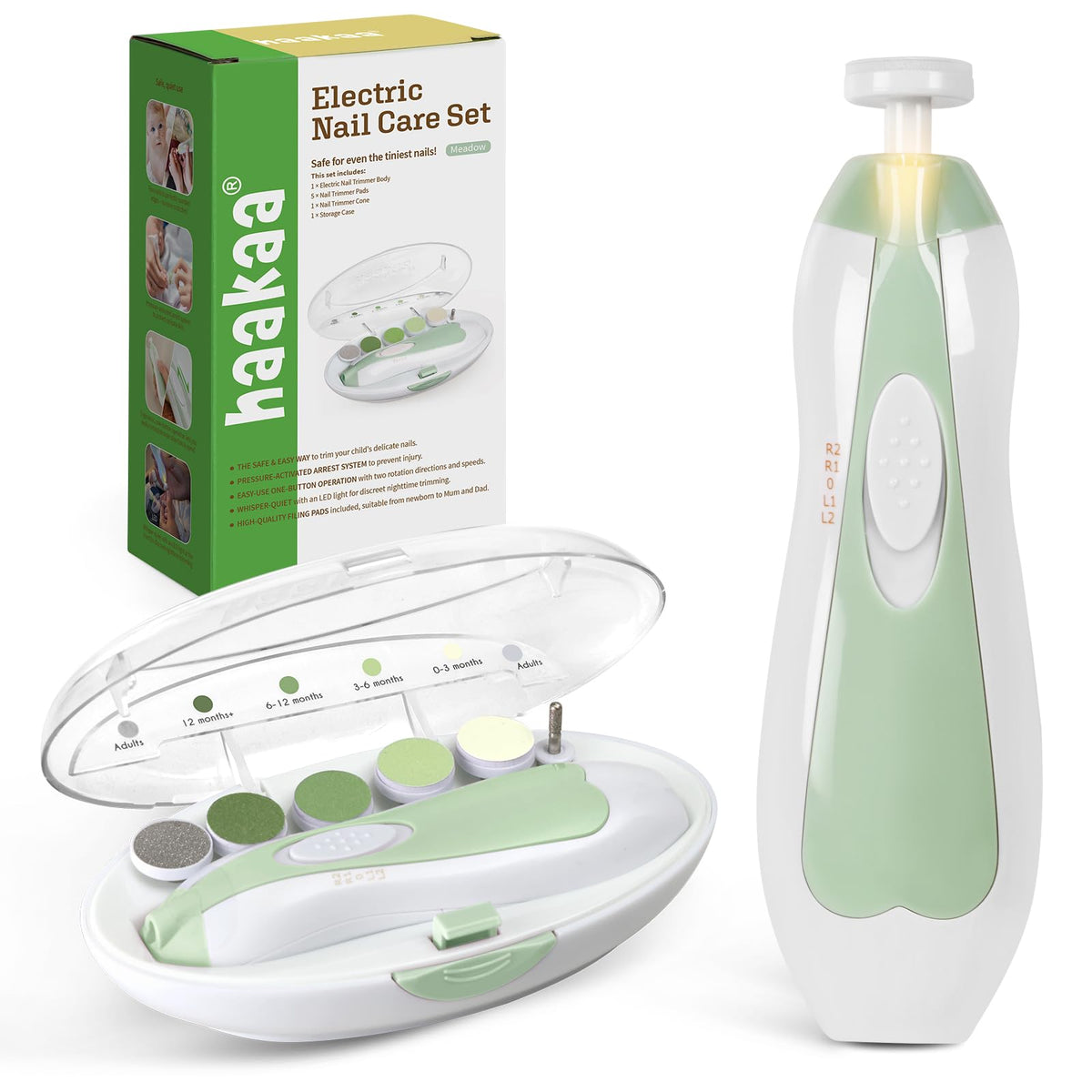 Outil d'ongles électrique Haakaa pour bébé, lumière intégrée.