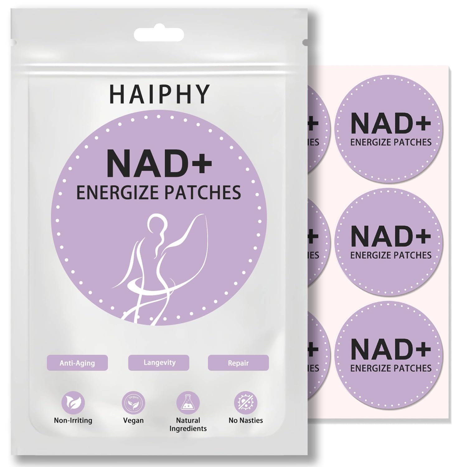 Haiphy NAD+Patches: application sur peau facilitant une absorption douce et durable.