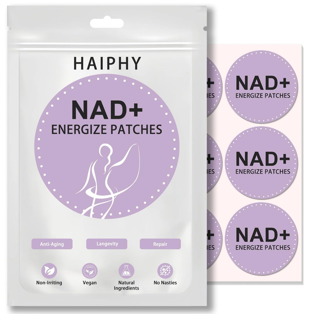 Haiphy NAD+Patches: application sur peau facilitant une absorption douce et durable.