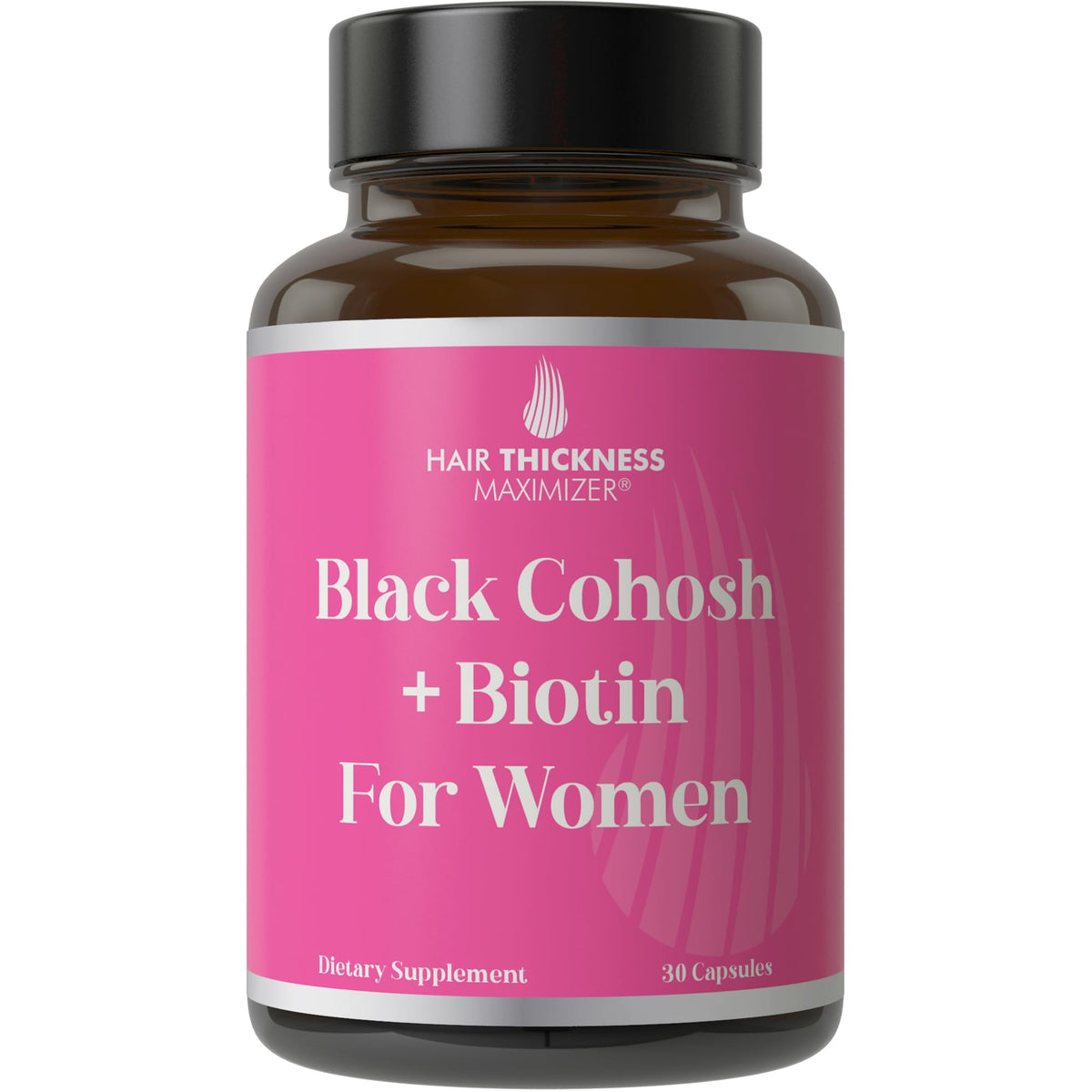 Hair Thickness Maximizer – bouteille de gélules cohosh et biotine pour cheveux plus forts.
