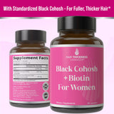 Hair Thickness Maximizer: étiquette détaillant cohosh standardisé et biotine à haute dose.