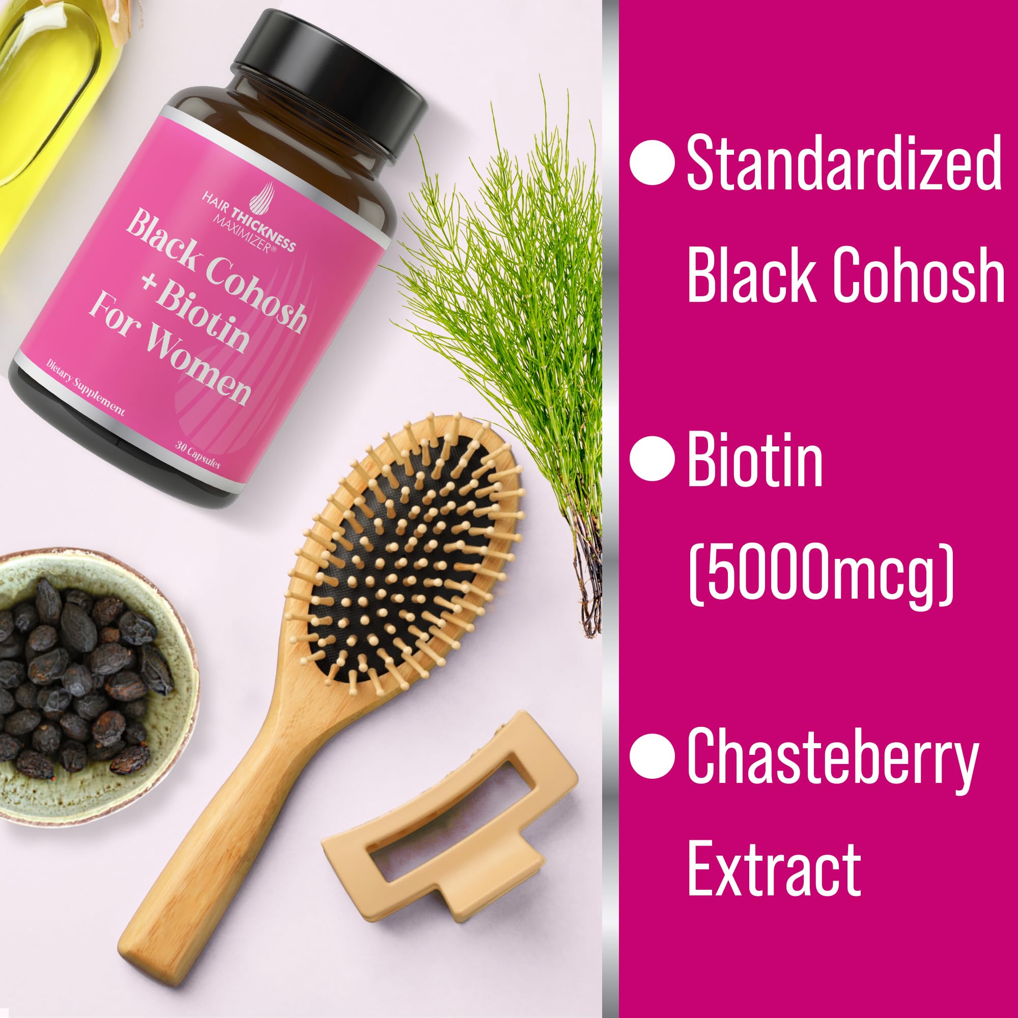 Hair Thickness Maximizer: emballage-carton avec étiquette et actifs clés pour cheveux renforcés.