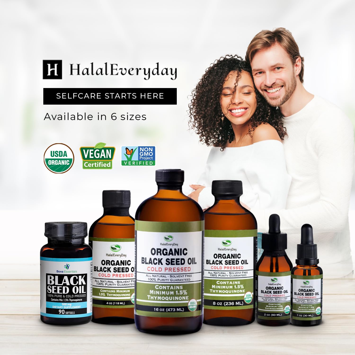 HalalEveryDay flacon-verre clair, huile noire multi-usage pour peau et cheveux.