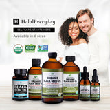 HalalEveryDay flacon-verre clair, huile noire multi-usage pour peau et cheveux.