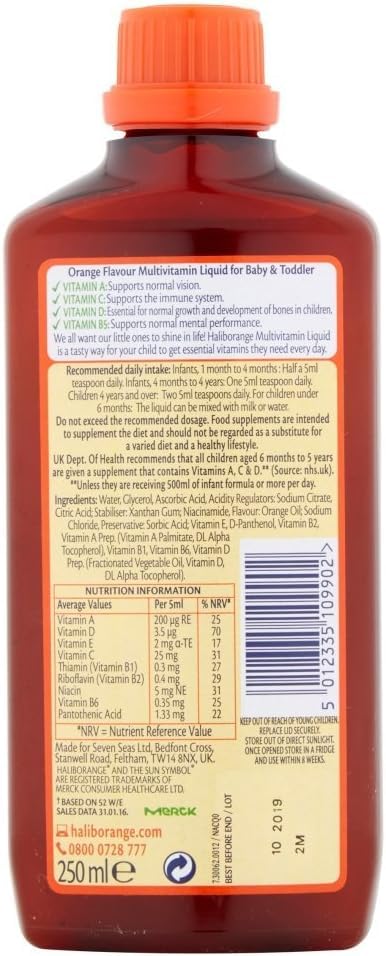 Étiquette Haliborange Bébé et tout-petits montrant la composition vitaminée.