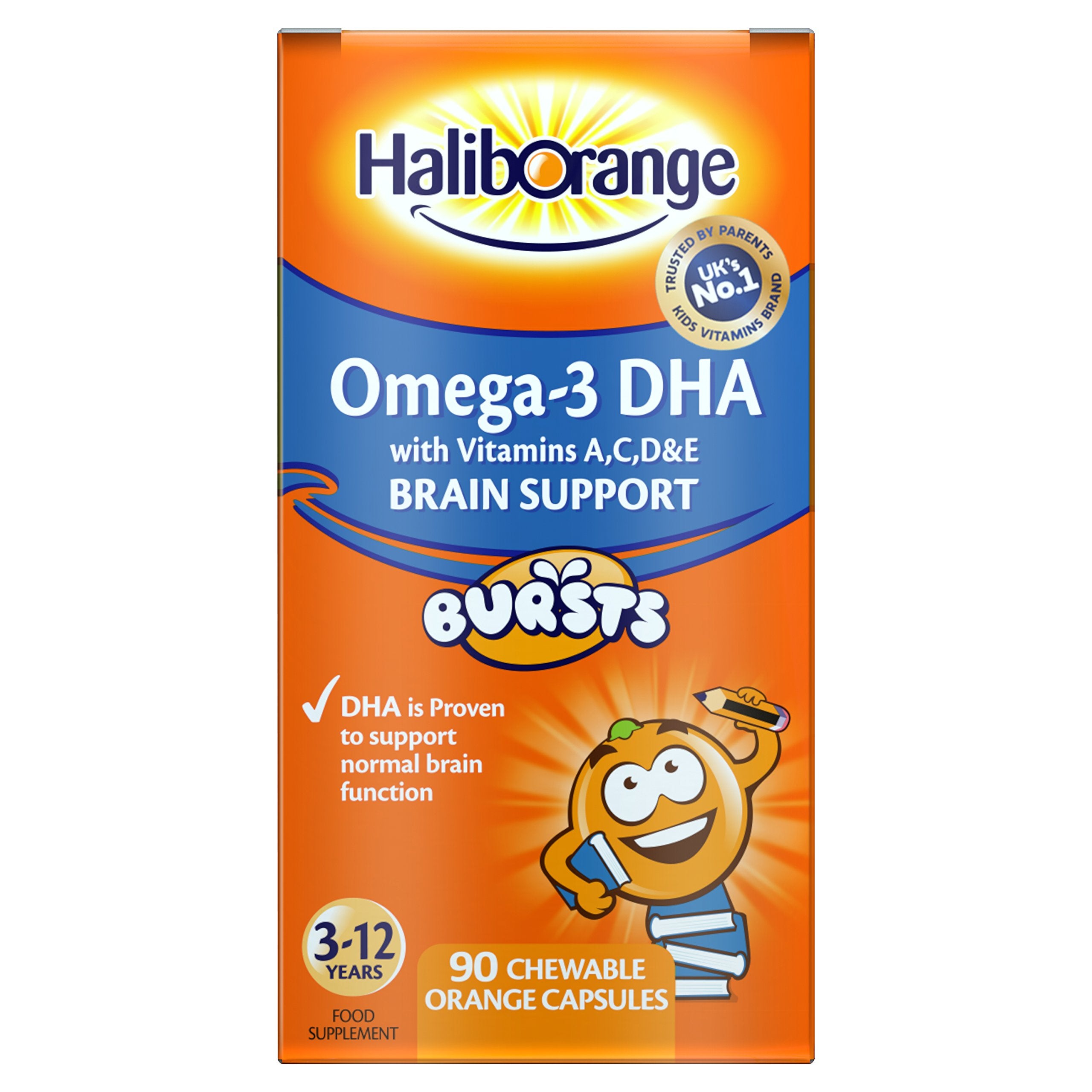 Haliborange Kids Omega-3 gommes orange, goût agréable et pratique pour les collations.