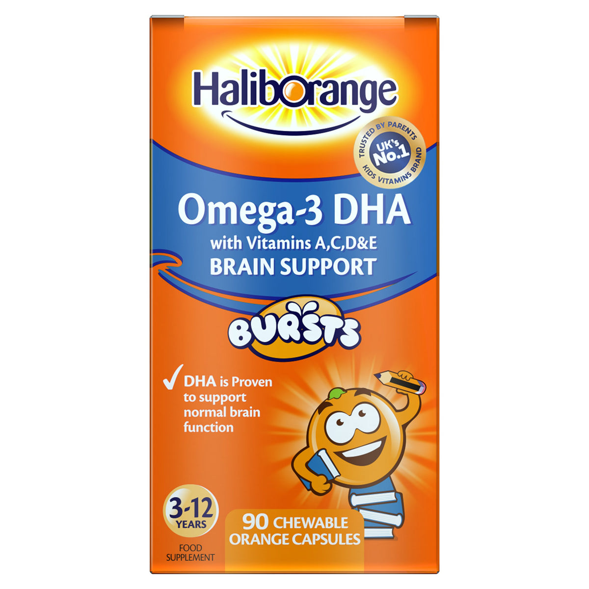 Haliborange Kids Omega-3 gommes orange, goût agréable et pratique pour les collations.