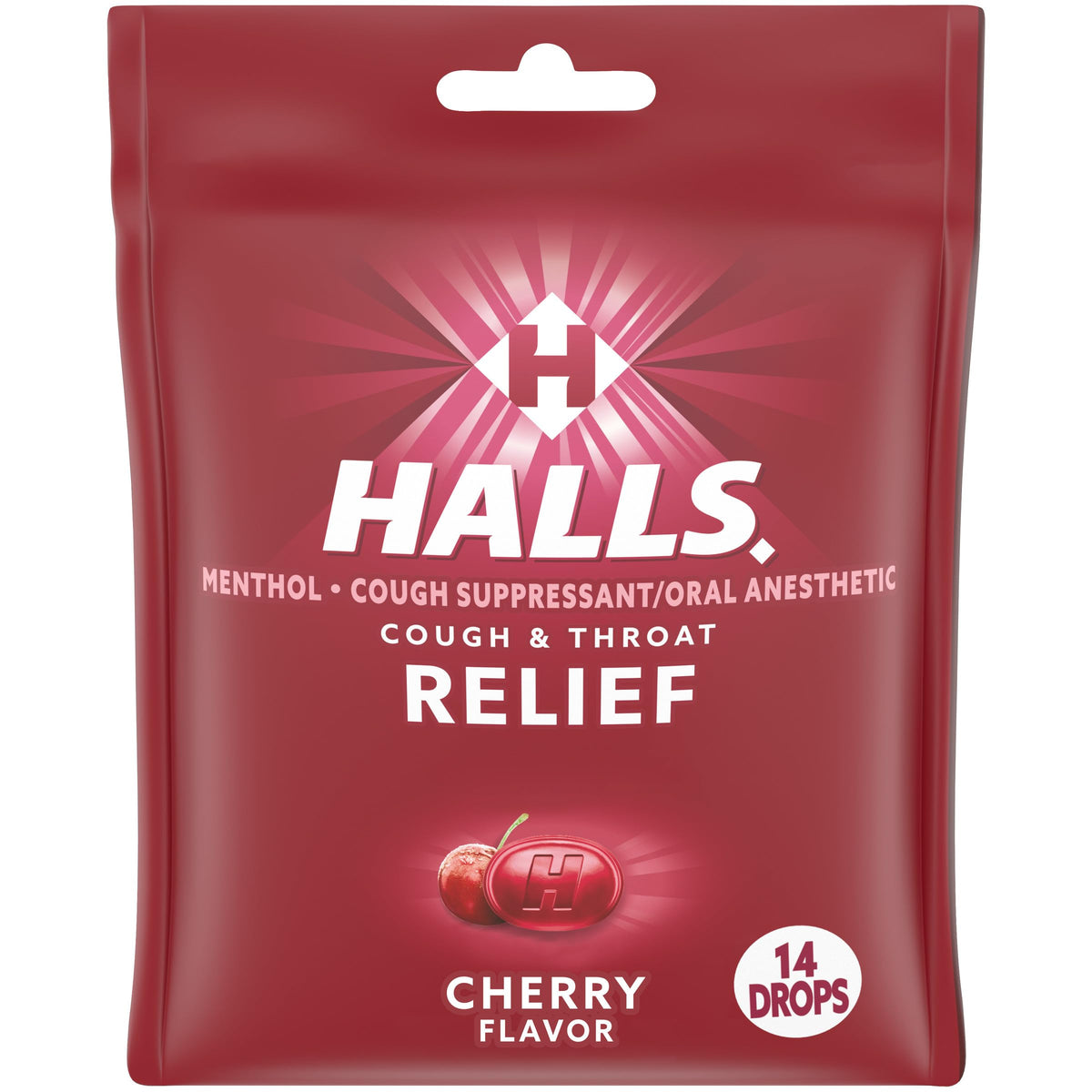 HALLS Relief cerise, paquet 14 pastilles, pratique à emporter pour la toux en déplacement