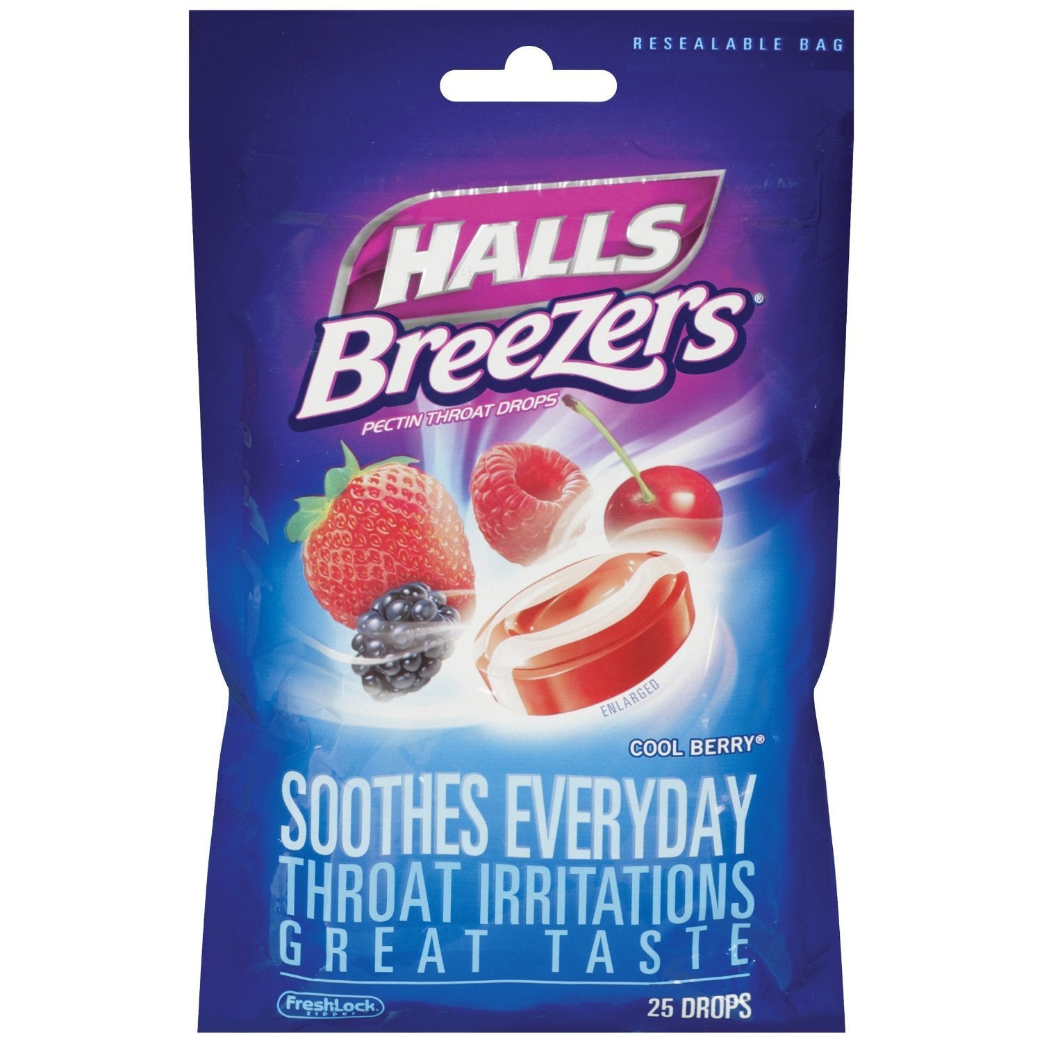 Pastille HALLS Breezers goût baie fraîche pour la gorge, soulage temporairement l'irritation.