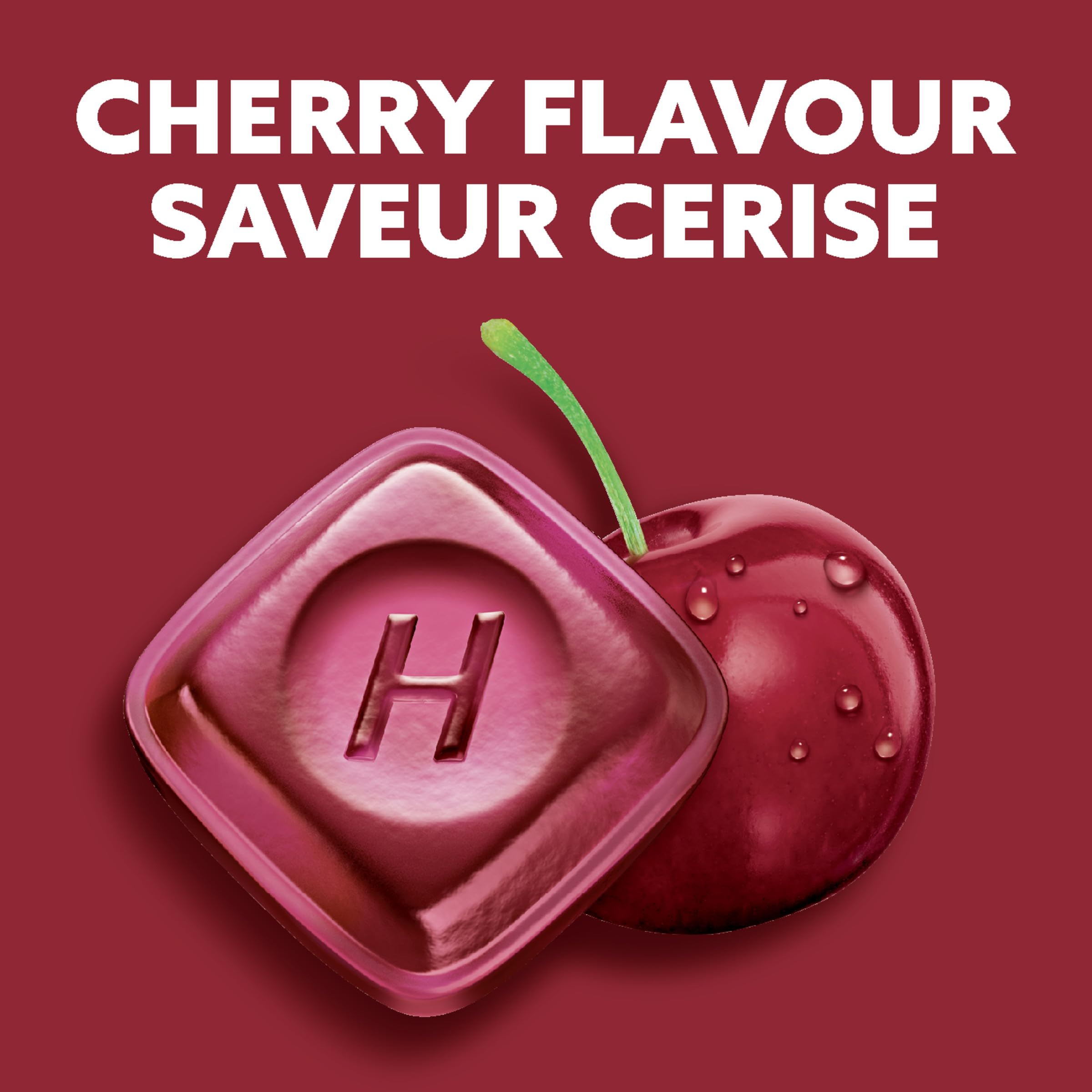 Halls cerise drops texture lisse et fruitée.